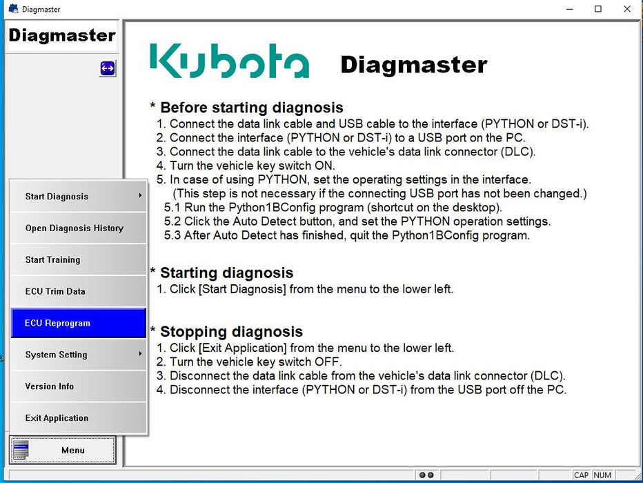 KUBOTA \ TAKEUCHI DIAGNOSTIC KIT (PYTHON) Diagnostic Adapter- Diagmaster 2022 Software - For Windows 7 Only