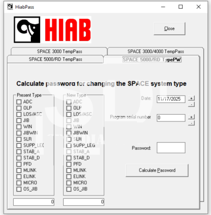 Hiab Factory Password Generator tool 2025 All Passwords Supported: • Calculate temporary SPACE 3000/4000/5000/RD passwords. • Calculate password for changing the SPACE 5000/RD system type.