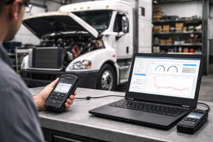 Dealer-level diagnostic software running on a rugged laptop connected to a heavy-duty truck engine