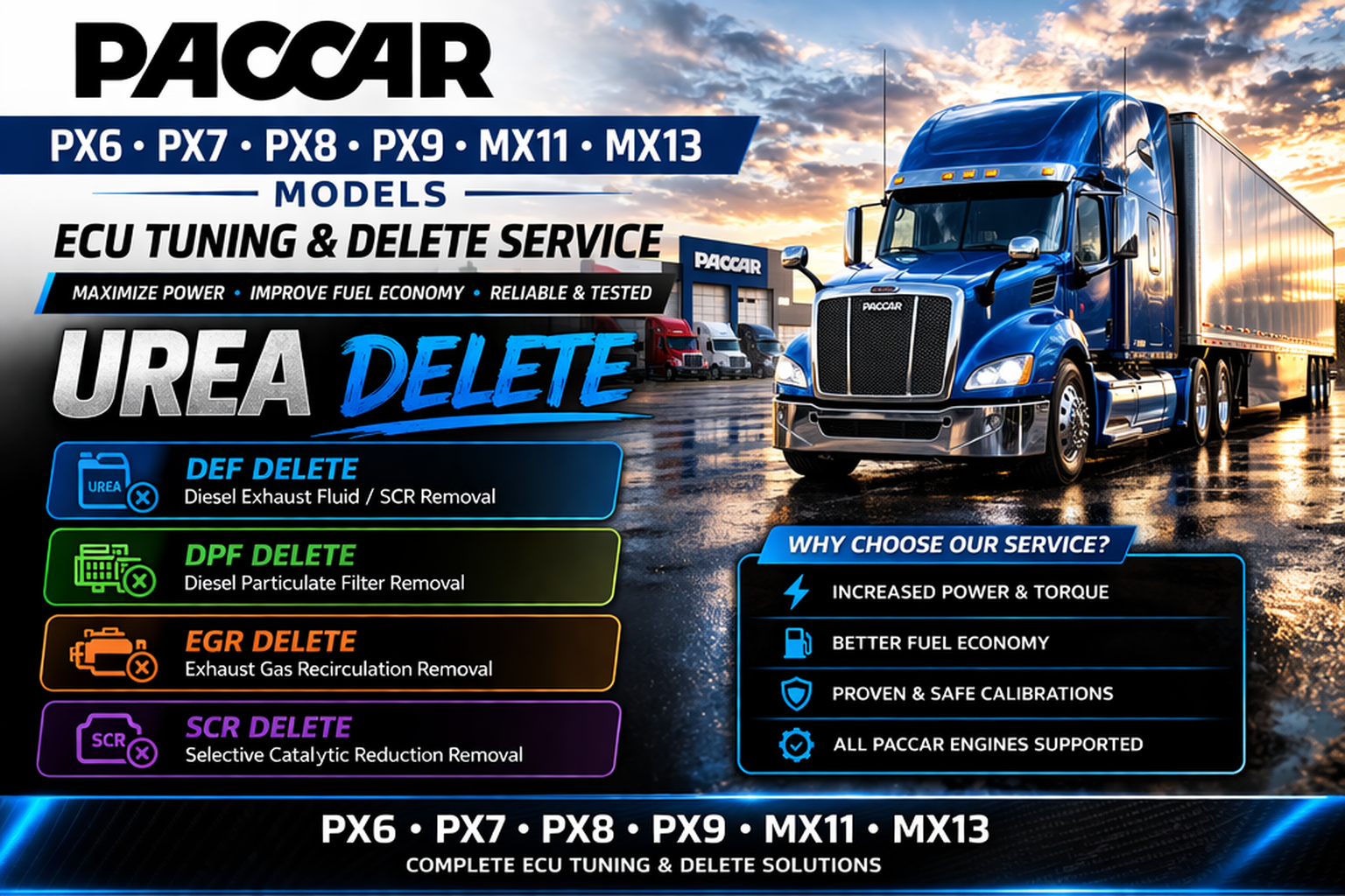 paccar ECU Tuning Delete service Paccar PX6 PX7 PX8 PX9 MX13 MX11 Models ECU Tuning Delete Service